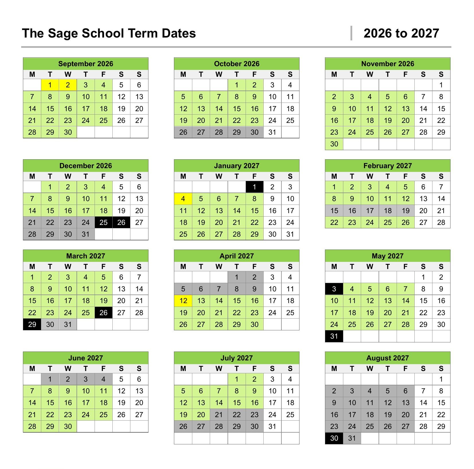 The Sage School term dates calendar for the 2026 to 2027 academic year